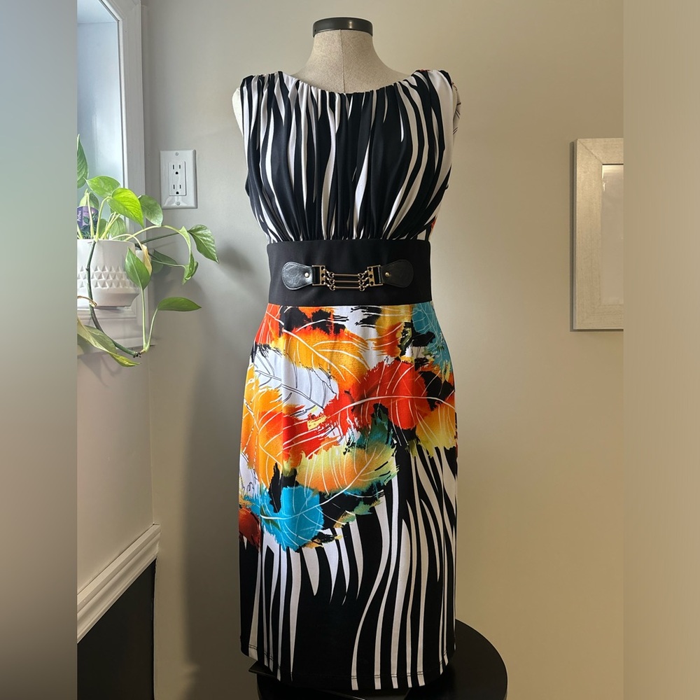 FRANK LYMAN Design Black and Multicolor Midi Dress